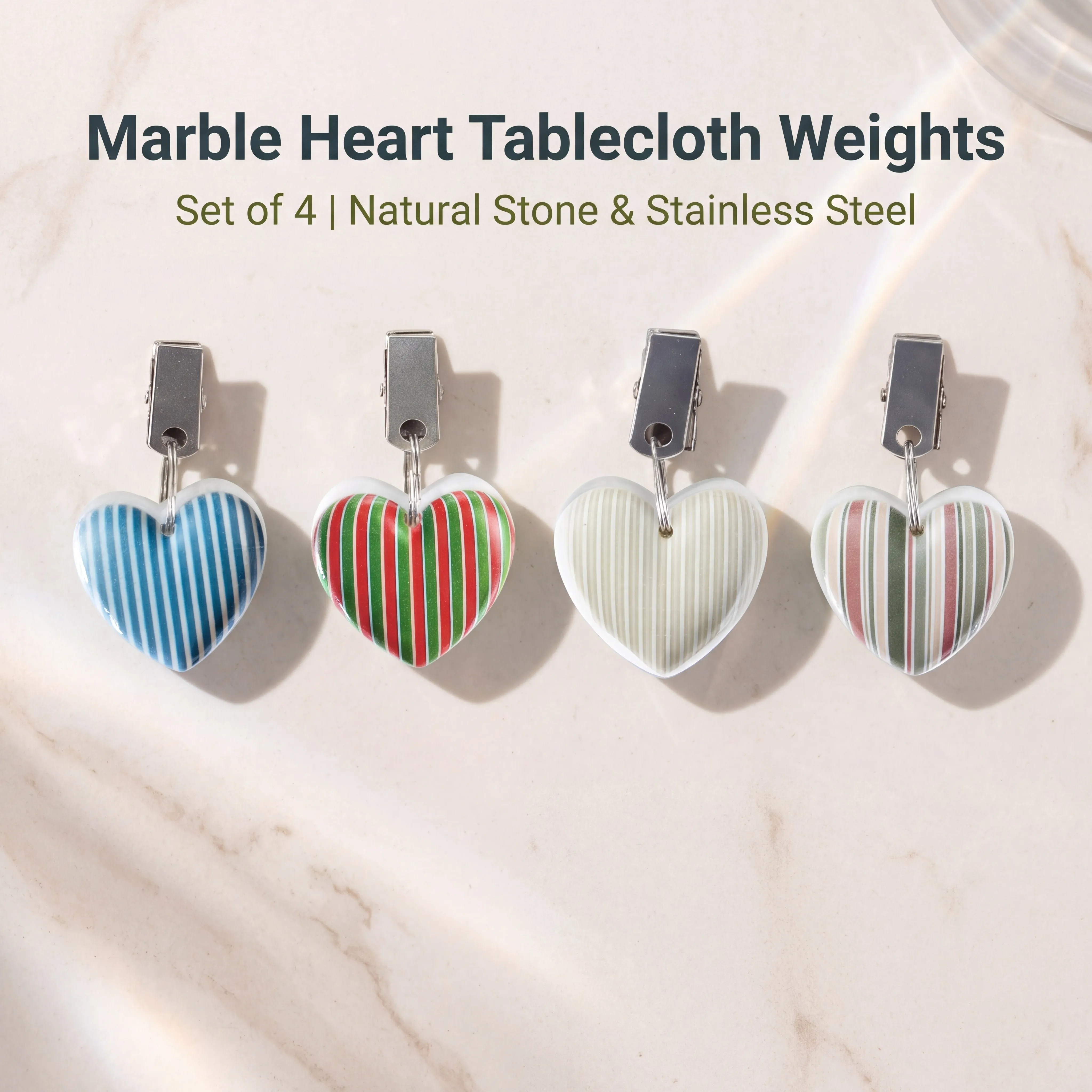 4Pcs Heart Marble Pattern Tablecloth with Laser Striped Print Natural Stone Stainless Steel Weight Clips Windproof Table Cover