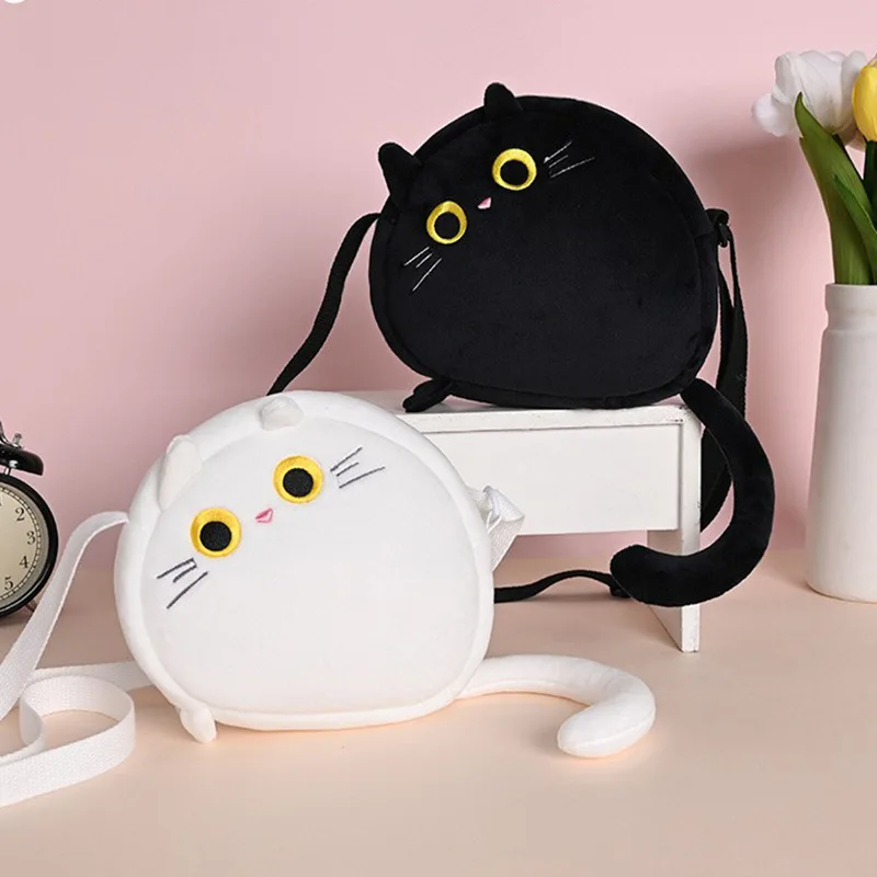 Cartoon Cute Black And White Cat Plush Crossbody Bag Children\'s Portable Coin Purse Shoulder Bag Best Birthday Gifts