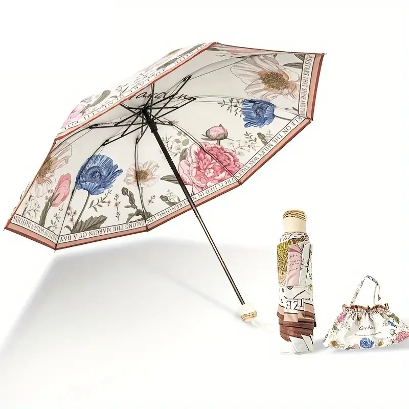 Double Layer Umbrella Flower Printed UPF50+ Umbrella UV Protection Vinyl Coating Rain Parasol Sun Shade Folding Umbrellas 우산