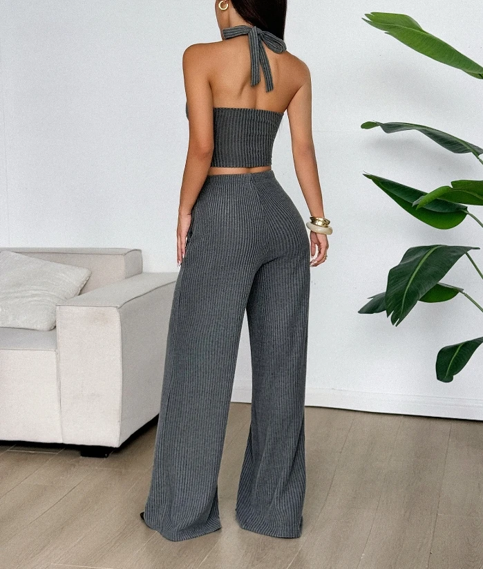 

2025 Pants Set Women's Fashion Spring Summer Latest Hot Selling Sexy New Neck Hanging Vest Solid Color Straight Leg Pants Set