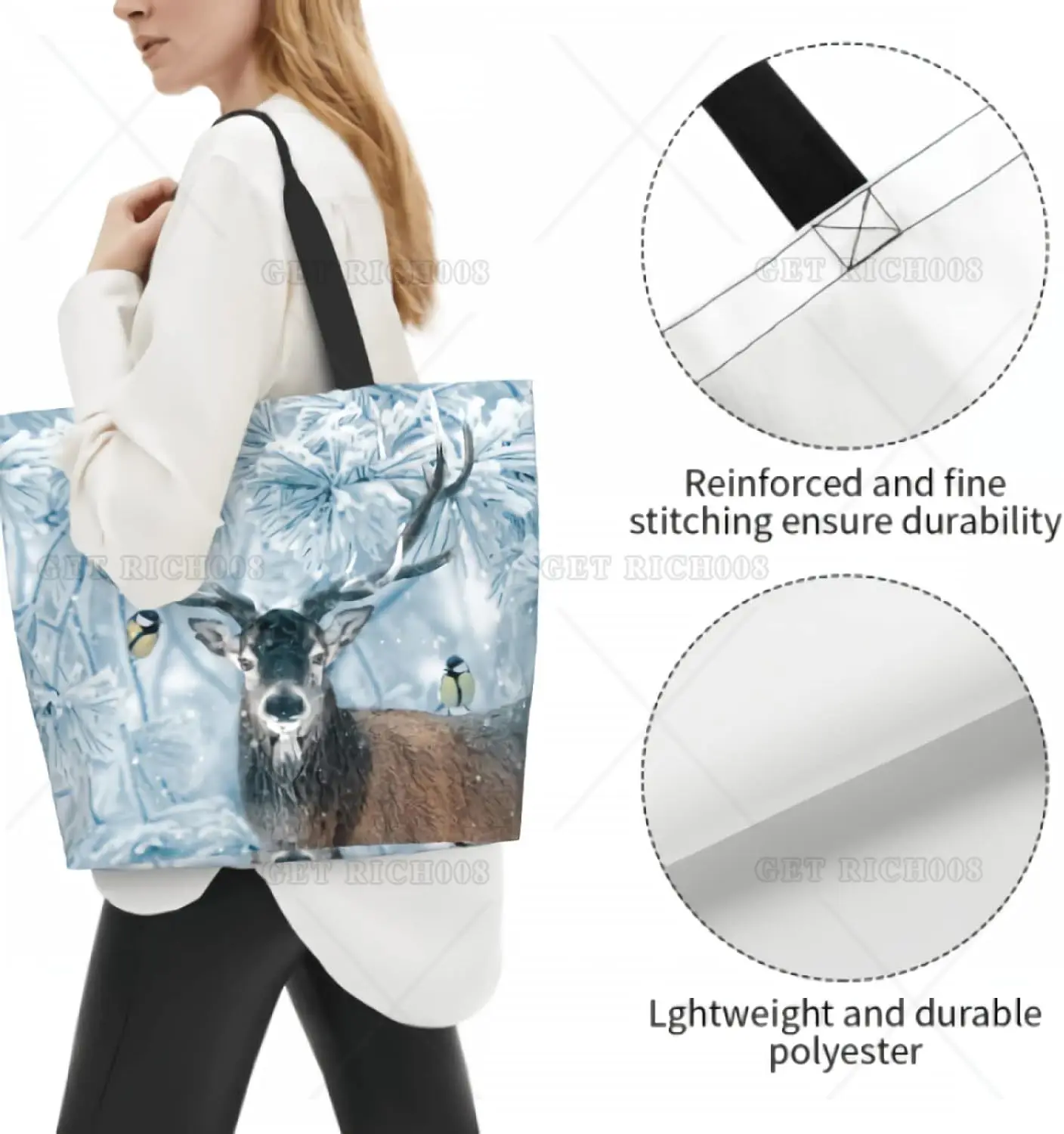 Winter Deer Snowy Pine Shoulder Bag Large Reusable Eco-friendly Shopping Bags Portable Storage Handbag Christmas Gift Bag