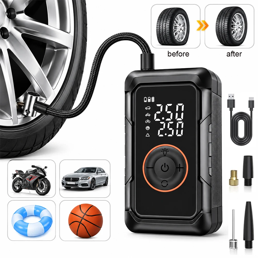Gonfiatore portatile per pneumatici auto, compressore d'aria mini ricaricabile, pompa d'aria senza fili per auto, moto e biciclette, con indicatore digitale della pressione.