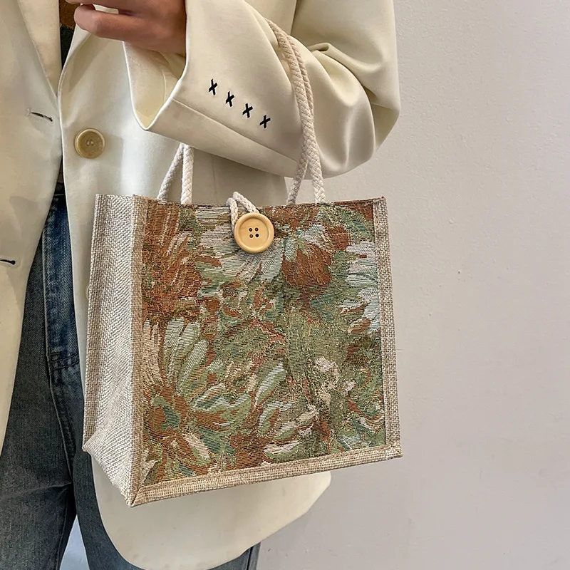 Chic Linen Beach Tote Bag with Graffiti Print Lightweight, Fashionable Handbag Shopping Bags for Women Daily Office Supplies Box