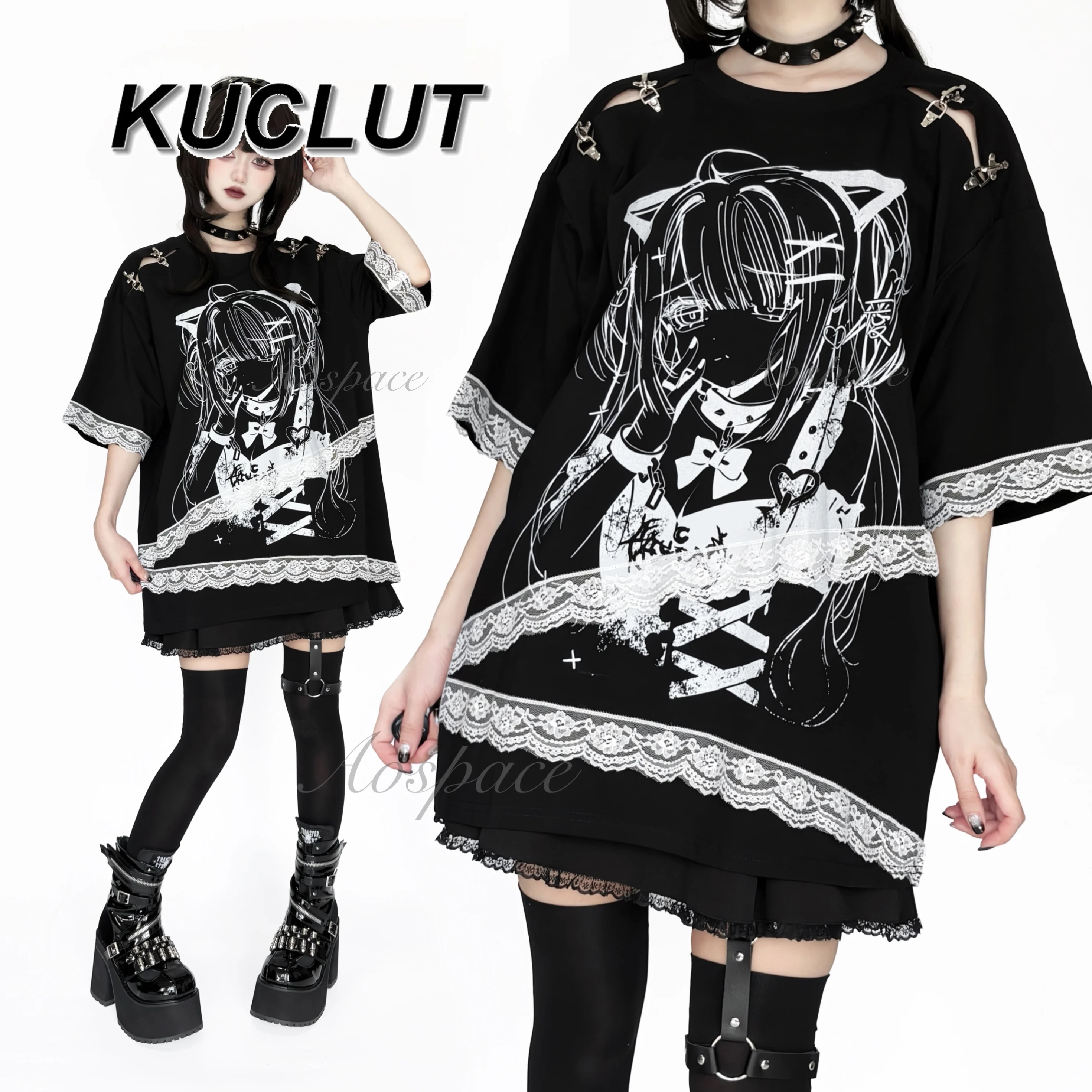 

Tie-Dye Lace Decorative Button Short Sleeve T-Shirts Summer Fashion Casual T Shirt High Street Punk Style Women's Loose Tees