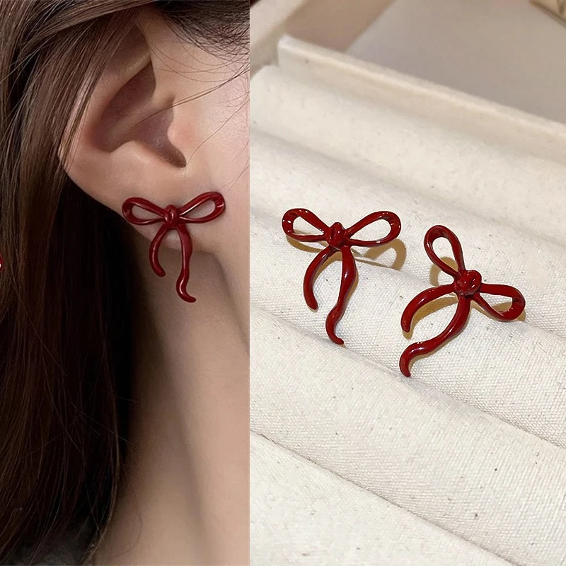 

2025 New Trend Irregular Bowknot Women's Stud Earrings Wine Red Enamel Hollow Knots Small Earrings Vintage Cute Ear Jewelry