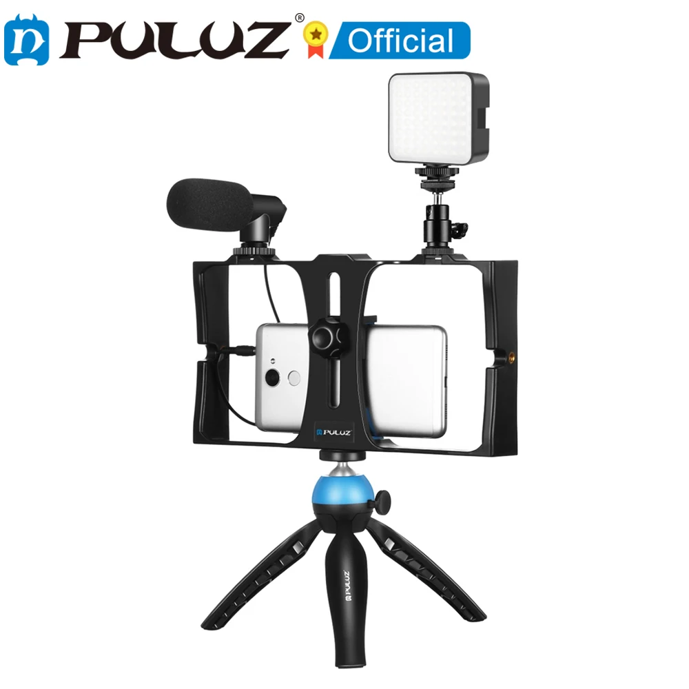 PULUZ 4 in 1 Vlogging Live Broadcast LED Selfie Fill Light with Microphone Tripod Mount Cold Shoe Head Smartphone Video Rig Kits