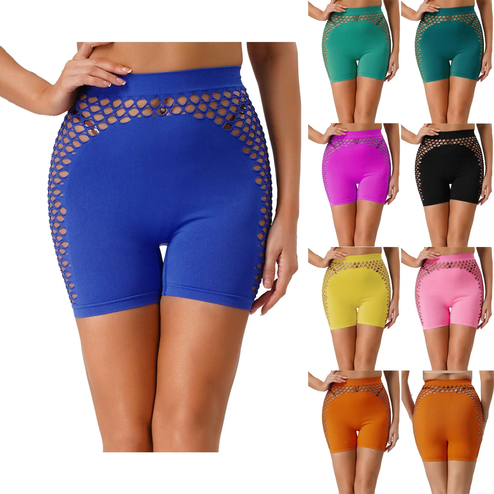 Pantaloncini da yoga a rete scavati da donna Cintura elastica Leggings corti atletici Allenamento in palestra Fitness Corsa Abbigliamento sportivo Costumi da bagno