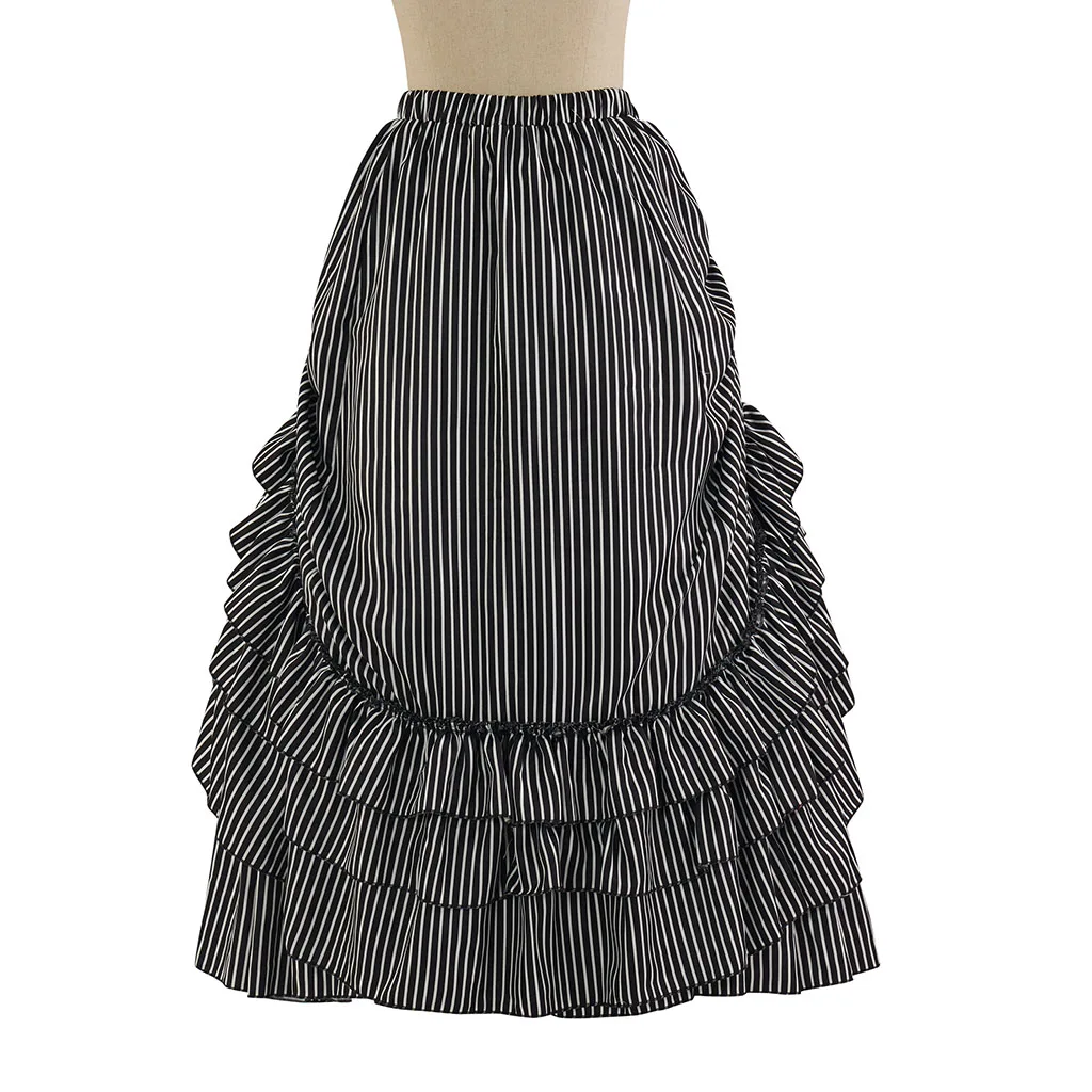 Lady Gothic Steampunk Stripe Skirt Vintage Bustle Dress Costume Ruffled High Waisted Long Victorian Skirts view 5