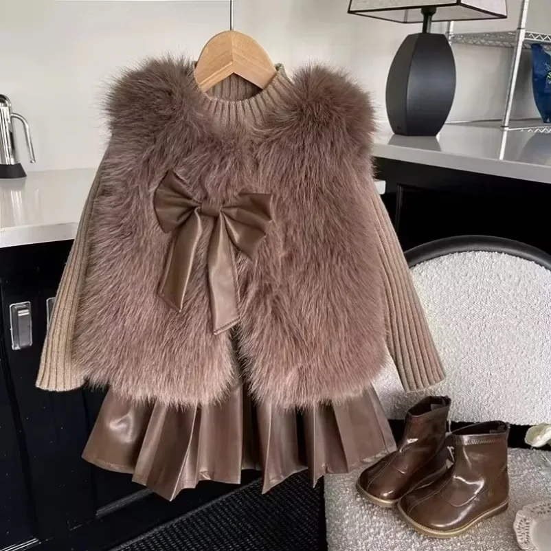 Kid Clothes Suit Korean Style The Girl Suit  Children  Fur Coat Coat Knitted Top Pleated Leather Fashion New Winter Skirt