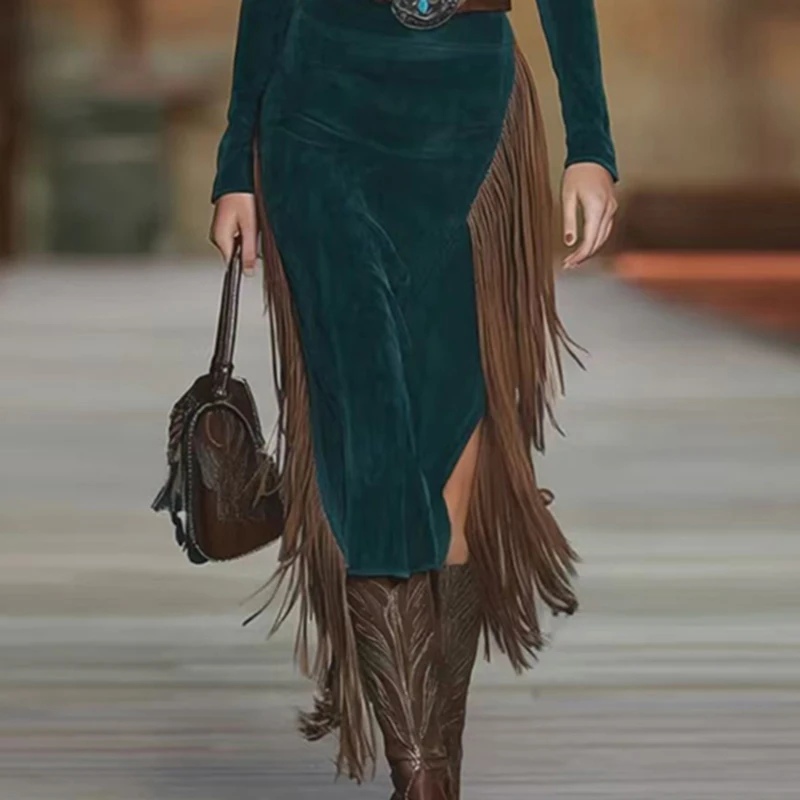 Femme Sexy épaules nues robe de soirée creuse Vintage Imitation daim Patchwork gland robe nouveau automne à manches longues mince Boho robe