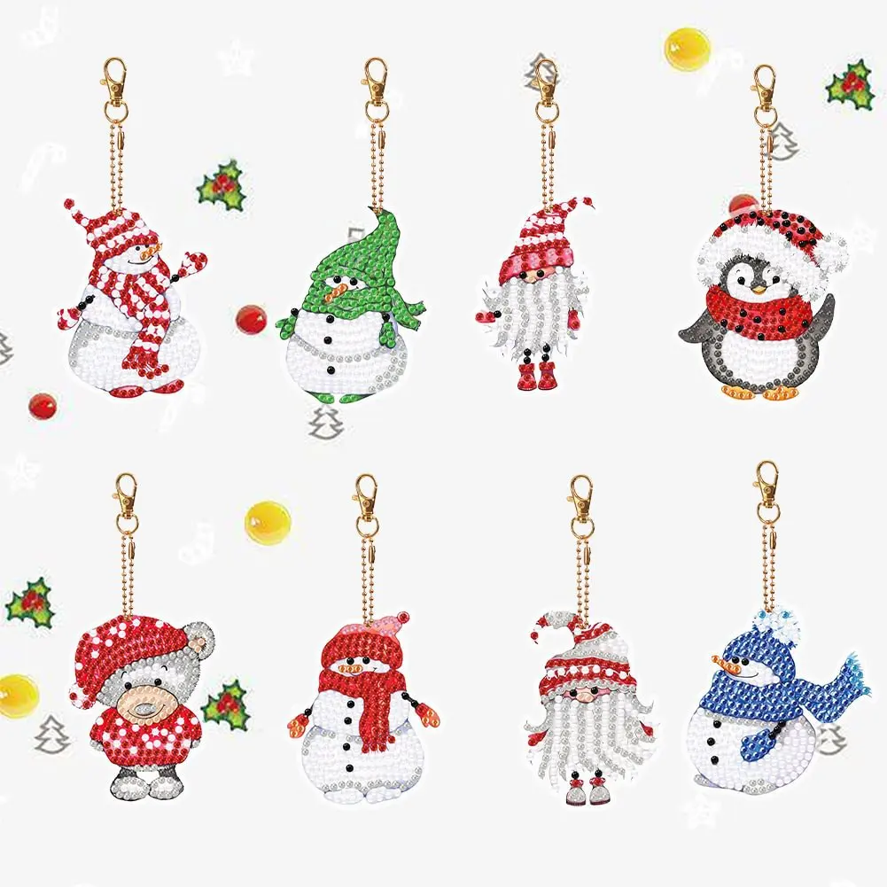 

Handmade8-piece Diamond Art Keychain Set Christmas Snowman Elf Penguin Cartoon Diamond Keychain Double-sided Pendant