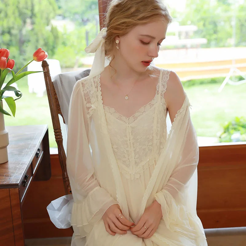 Women's Korea Style Bathrobe Set Solid Lace Mesh Ladies Sexy 2 Pcs Dressing Gown Sexy Nightdress Vintage Nightgown for Female