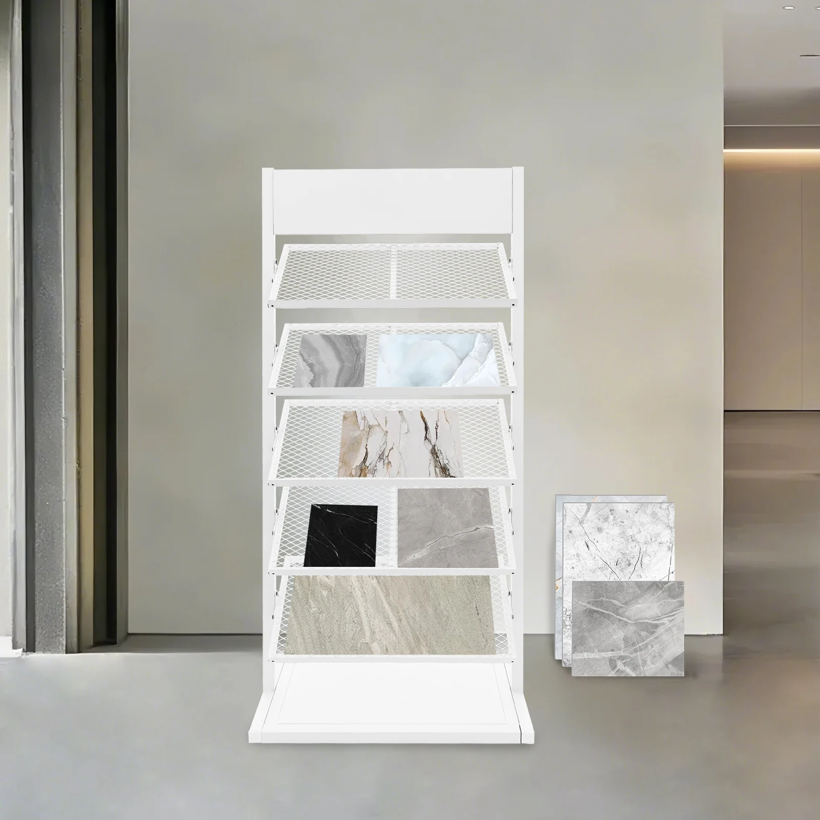 رف عرض بلاط حديدي مكون من 5 طبقات، منظم قائم على الأرض باللون الأبيض، حامل عينة من البورسلين السيراميكي ذو 5 أرفف، رف عينات ثقيل الوزن