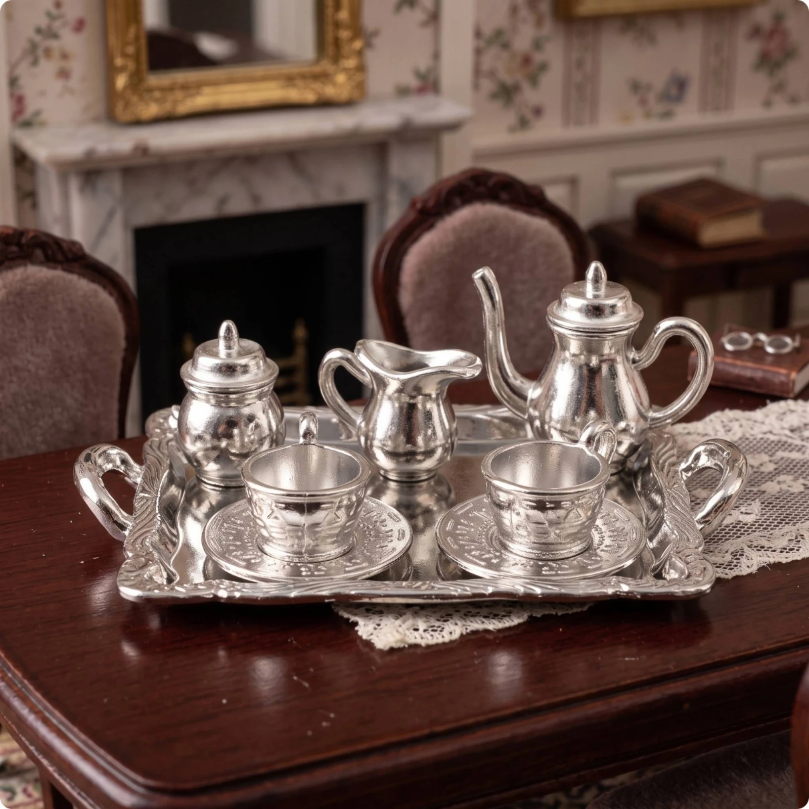 Miniature Tea Set with Tray Decorative Dollhouse Tea Service Toy Reflective Lifelike for Collectors, Photography Props