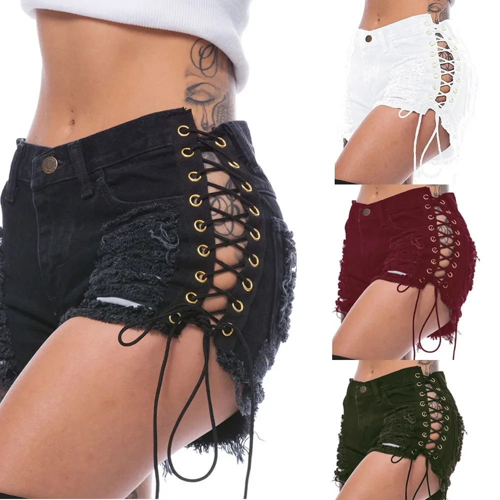 

2024 Female Explosion Nightclub Beggar Hole Burr Denim Shorts Corns Side Bandage Europe and America Hot Sexy Women's Hot Pants