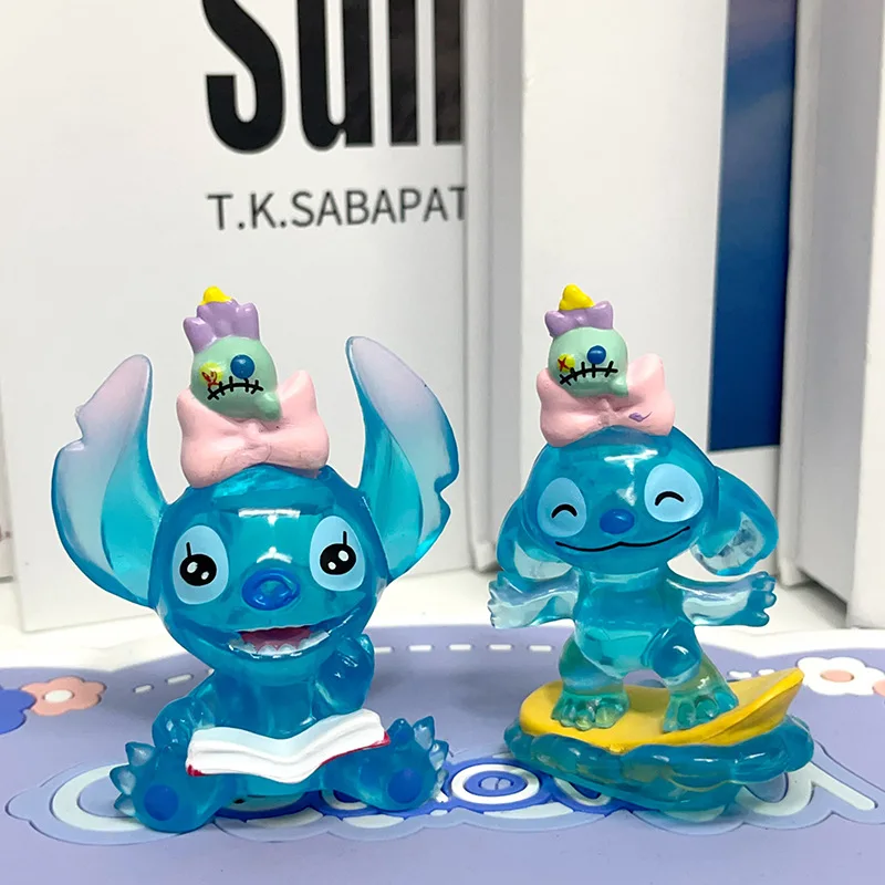Juego de 6 uds de caja ciega Lilo Stitch, figura de acción de punto de cristal transparente de 7cm, modelo de juguete de PVC de Anime