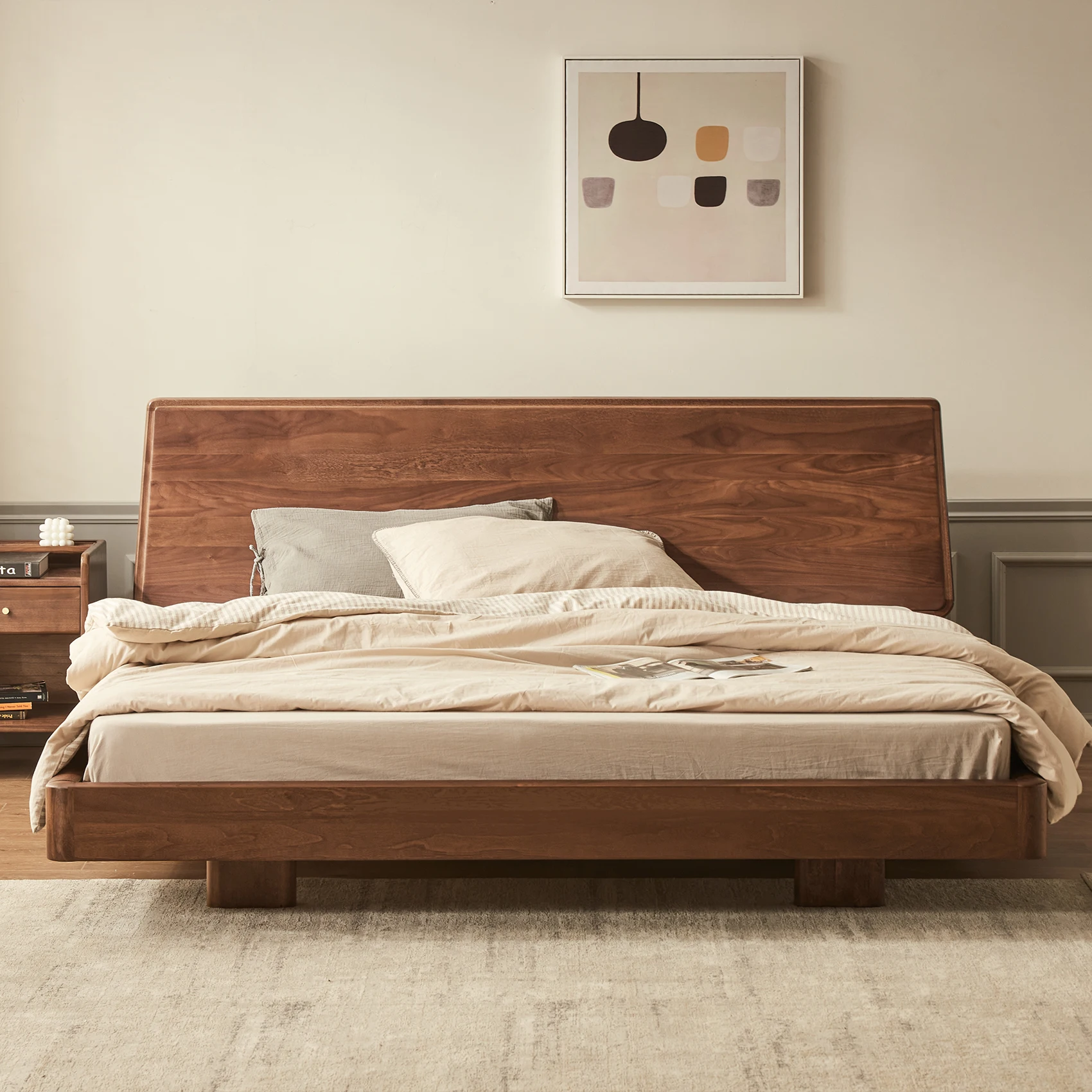 

-yy L6012 Light Luxury Style Solid Wood Bedroom Furniture Queen&King Size Black Walnut Wood Bed