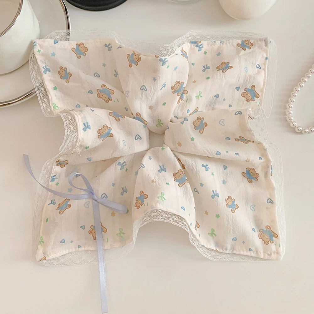 Cute Cartoon Bear Print Square Lace Scrunchies Heart Bow Star Pattern Elastic Hair Ties Bow Sweet Lolita Hair Bands Ponytail