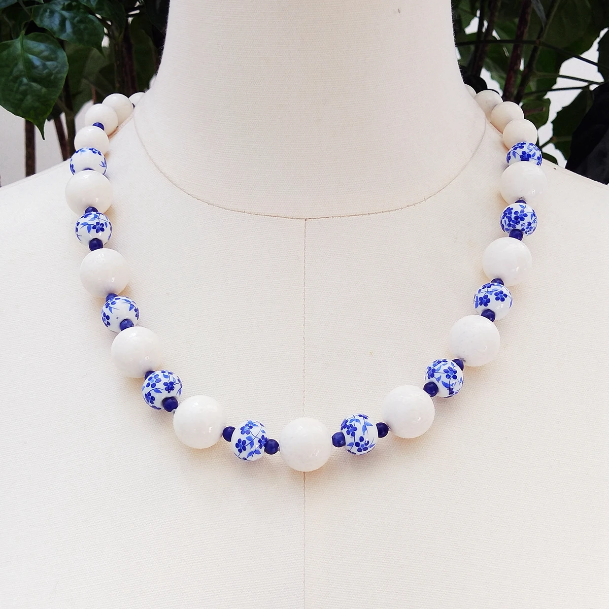 Lii Ji Blue and White Porcelain Necklace White Coral Sodalite Necklace 59cm Women Jewelry Stock Sale