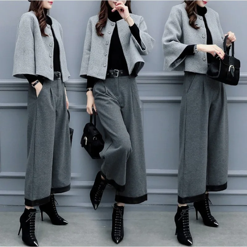 Large-sized Two-piece Overpants Woolen Short Coat Wide-leg Pants Casual and Fashionable Set Women New Women's Autumn and Winter