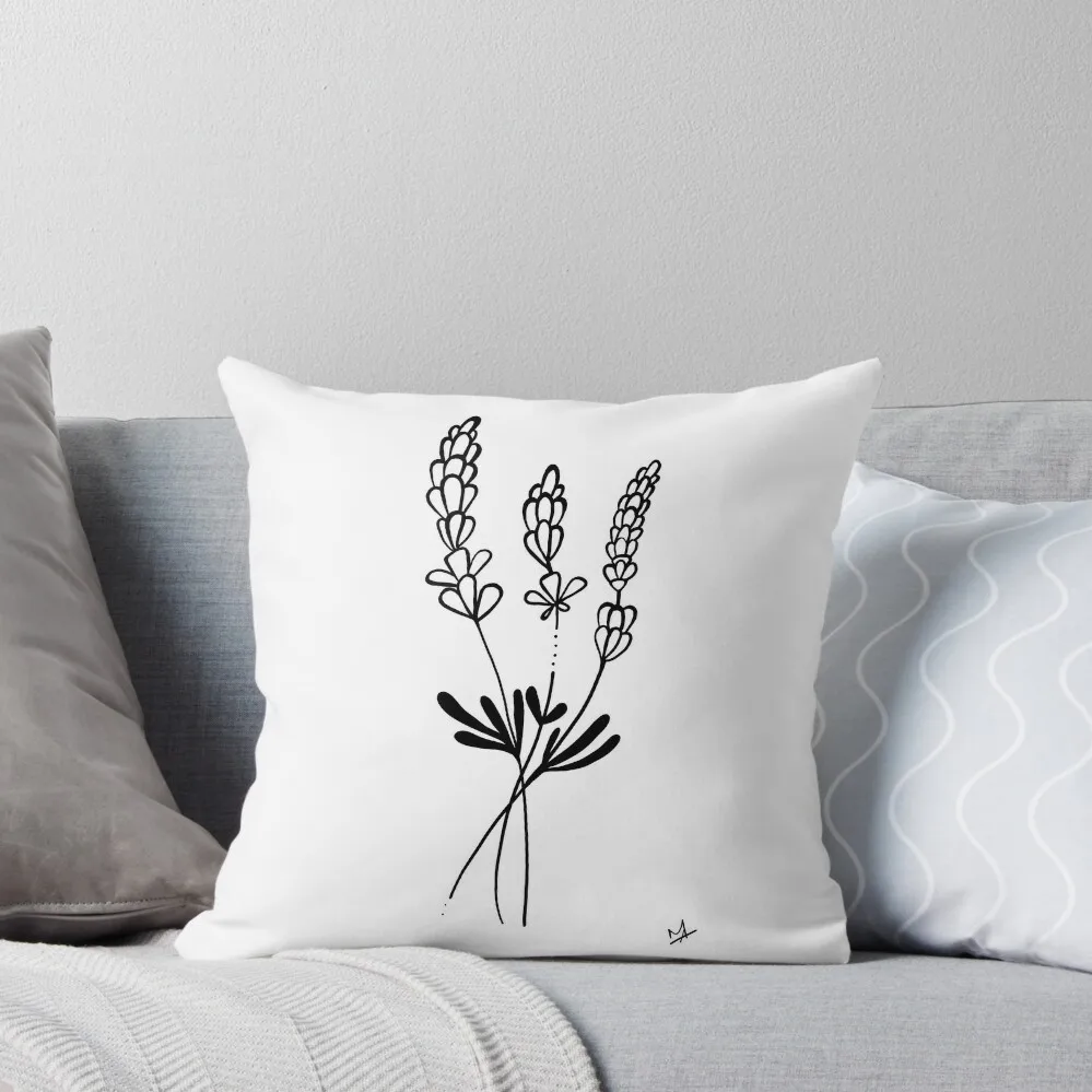 Lavender black and white drawing poster printed flowers and foliage iphone cellphone ipad case cup gourd under glas Throw Pillow