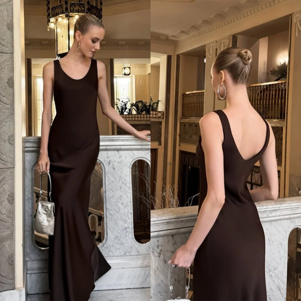 

Customized Soft Satin Evening Dress Delicate Scoop Sleeveless Homecoming Dress Luxury Sweep Train Special Occasion Gowns