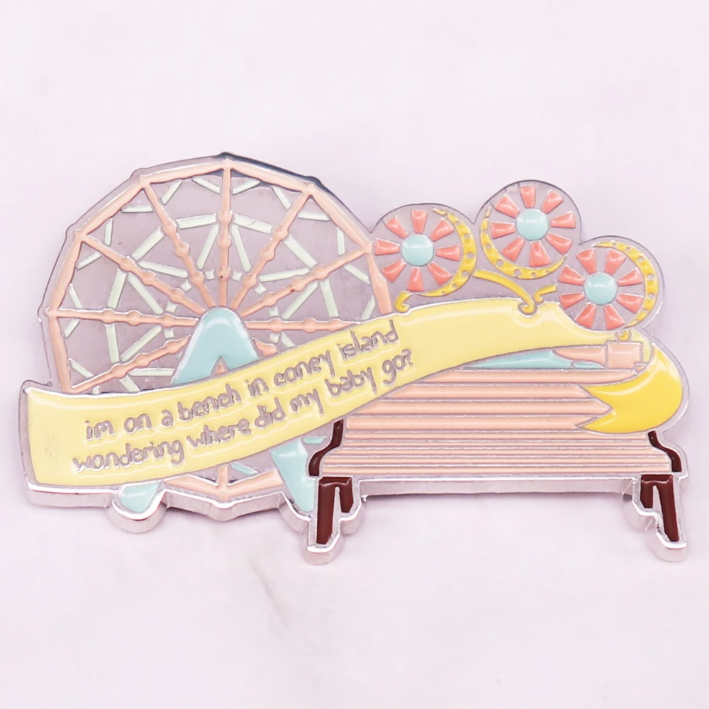 Im On A Bench In Coney Island Where Did My Baby Go Playground Ferris wheel Brooch Decorated Enamel Badge