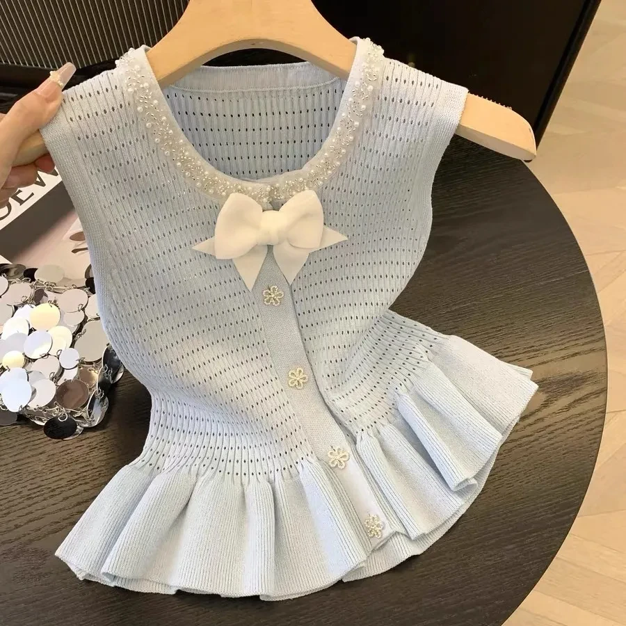 

Милый вязаный кардиган без рукавов с бантом и бисером, женский летний ажурный облегающий топ на талии, модный свитер Y2k с рюшами