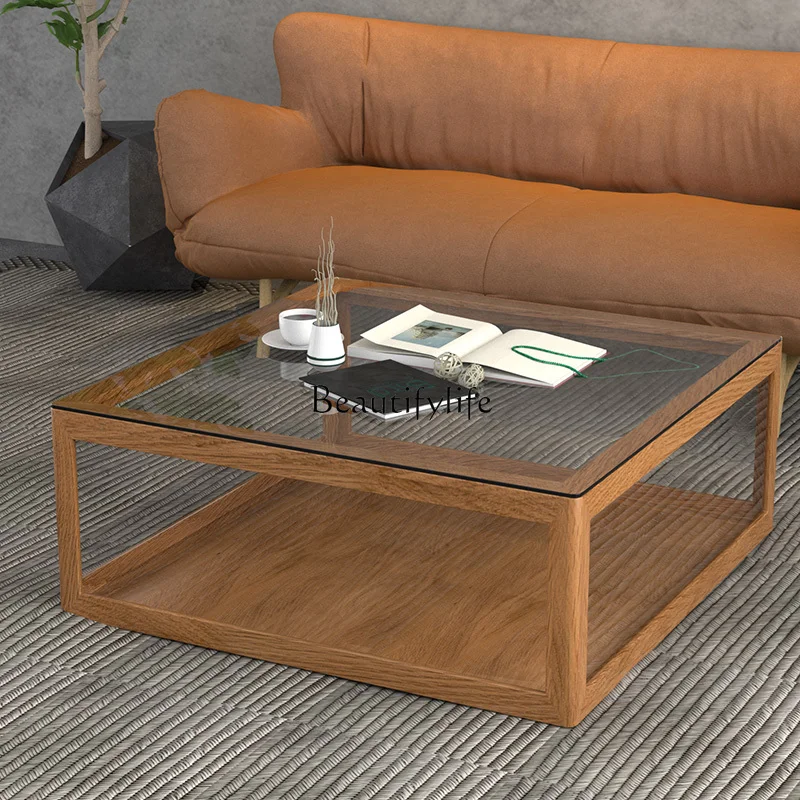 

Nordic Style Glass Coffee Table Small Apartment Living Room Solid Wood Industrial Style Display Cabinet