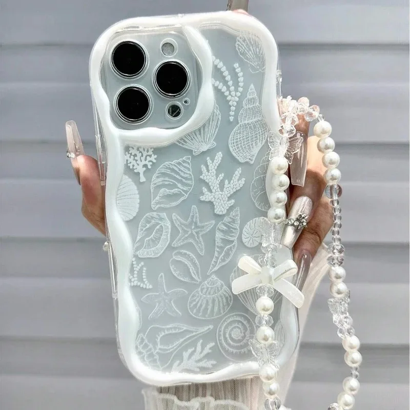 Cute Seashell WaveShaped Phone Case For Samsung Galaxy S26 S25 S24 S22 S23 Ultra Plus FE A56 A55 A37 A36 A27 A26 A16 Clear Cover