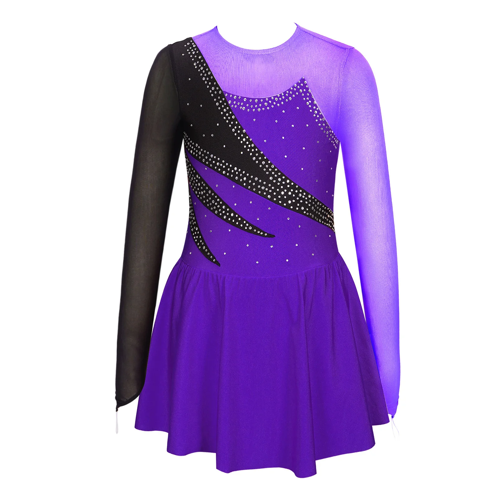 Strass Brilhante Manga Longa Feminina Patinação Figura Vestido, Ballet Tutu, Leotards Ginástica, Salão de Baile Competição Traje, Vestido para Crianças