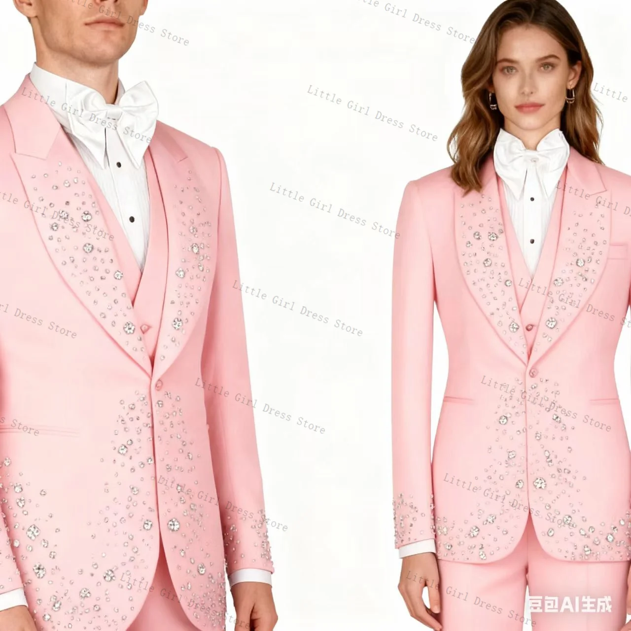 

Pink Women Suit Set 2 Piece Blazer Pants Trouser Shiny Crystals Formal Office Lady Jacket Prom Wedding Bride Coat Customized