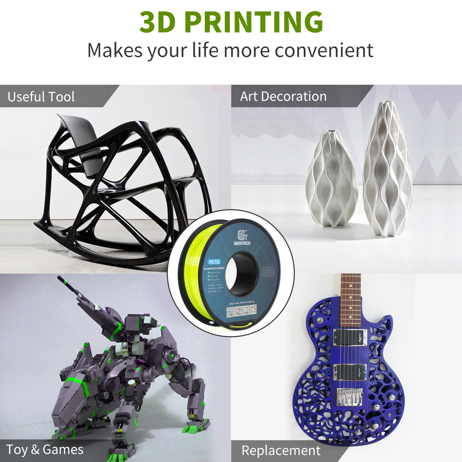 Geeetech 2 rolki filamentu PETG 1,75 mm +/-0,02 mm do drukarek 3D, kolorowy plastik, dostępne w lokalnych magazynach, kompatybilny z większością drukarek 3D FDM. — zdjęcie produktu 4