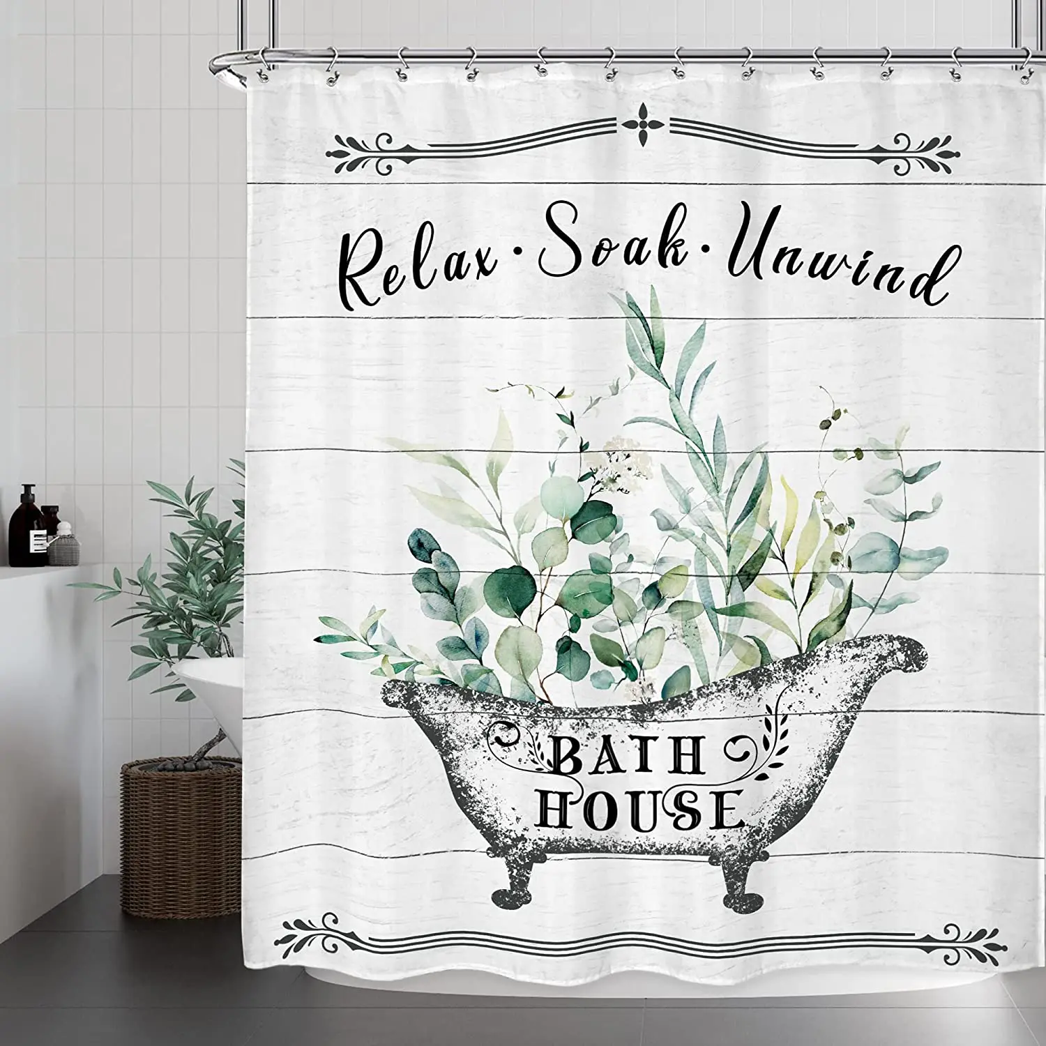 Vintage Bathroom Rules Shower Curtain Rustic Farmhouse Wooden Board Green Leaves Inspirational Quote Fabric Bathtub Decor