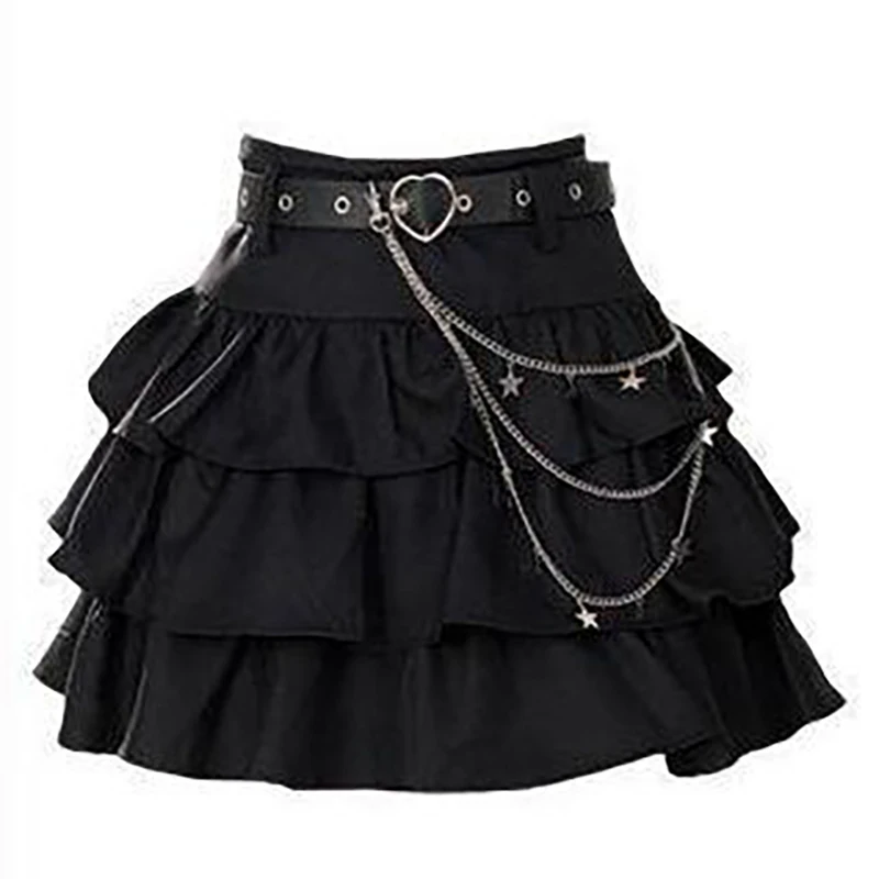

Black Fairy Belt Vintage Skirts Women High Waist Slim A-line 2025 Autumn Ruffled Mini Skirt Woman Chain Kawaii Jupe Summer Sweet