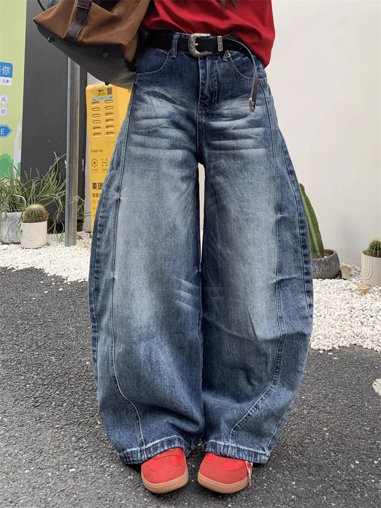 GELITAYIN American Retro High Waist Wash Blue Baggy Denim Jeans Women Casual Fashion Streetwear Wide Leg Loose Cowboy Pants Y2K