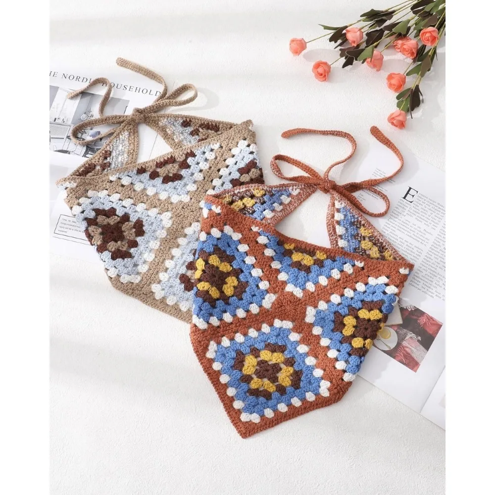 

Вязаные крючком банданы для волос с цветочным принтом, платок из 2 предметов, женский шарф для волос, повязка на голову с ромашками, винтажный платок на голову для девочек