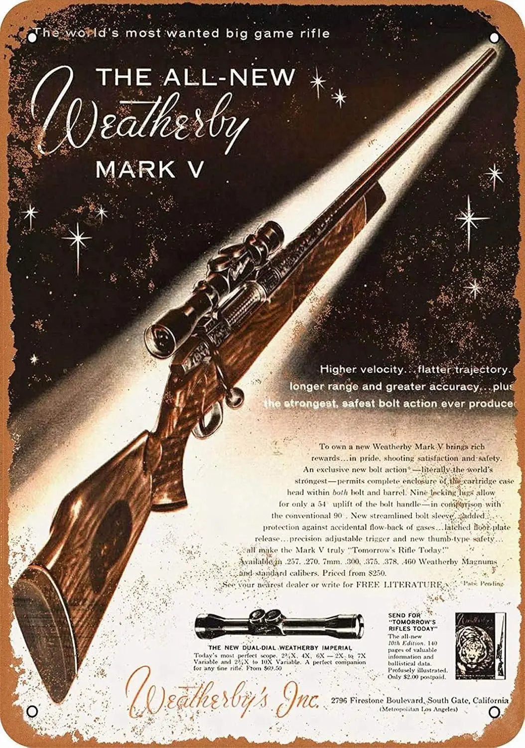 Letrero de metal - Rifles Weatherby Mark V - Letrero decorativo vintage de estaño, aluminio