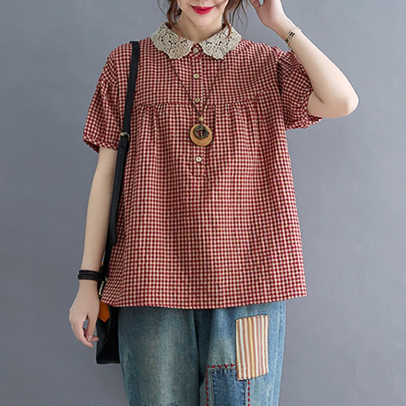 

Женский клетчатый топ больших размеров с кружевным воротником ort Sve, смесь хлопка и льна, удобный крой, повседневный летний топ для поездок на работу