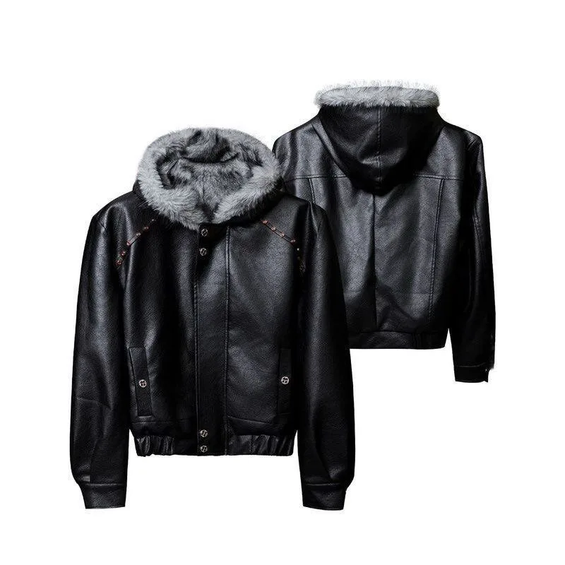 Mens Jacket Harajuku American Deconstructed Faux Wolf Fur Hooded Cotton Coat Studded Short Leather Style Winter Warm Streetwear