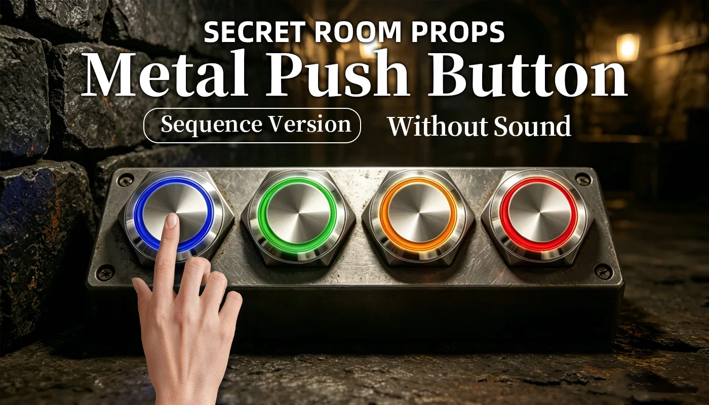 Mysteriöse Studio-Escape-Room-Requisiten Metall-Druckknopfschalter Licht 5 Farben Drücken Sie die Knöpfe in der richtigen Reihenfolge, um zu entriegeln – Detail 1