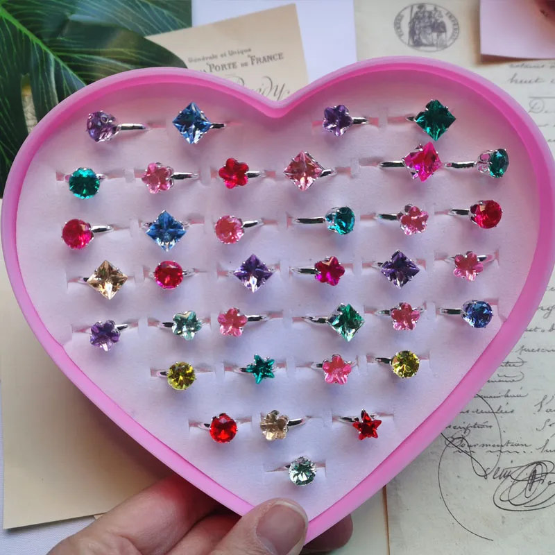 5pcs/Box Zircon Rings For Girls Kids Child Jewelry Adjustable Little Crystal Play Box Gift Toy Pretend Dress Up Rhinestone Ring