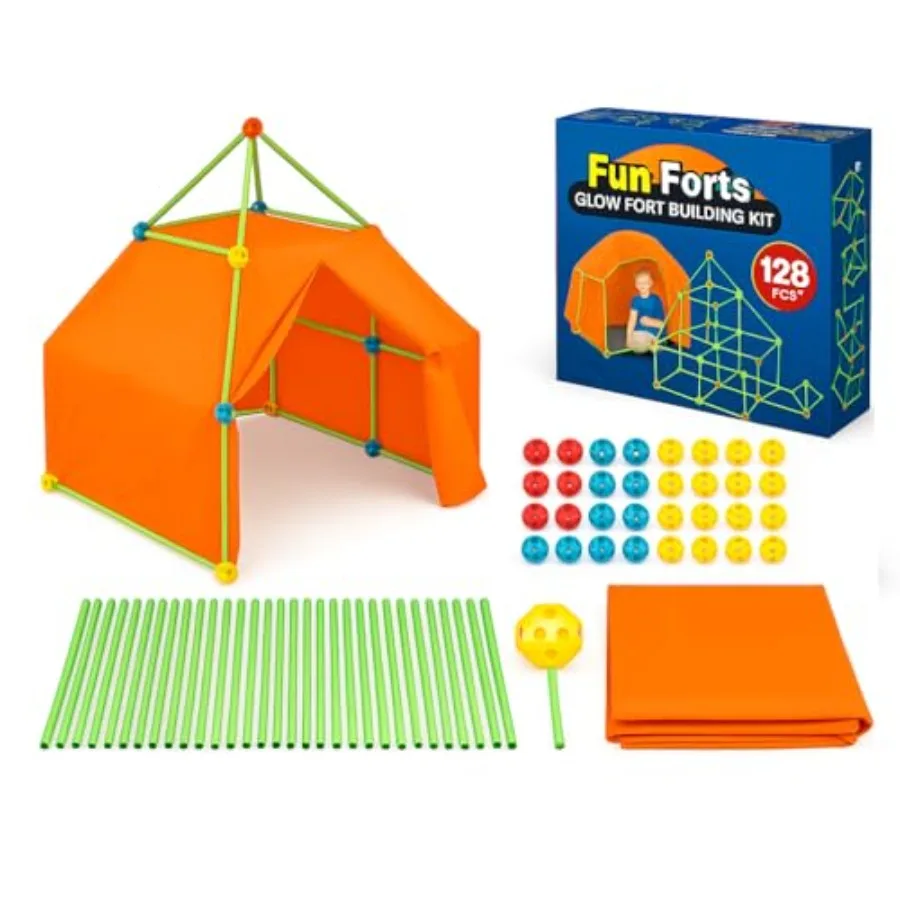 Fort Building Kit for - 129 Pcs Glow in The Dark STEM Building Toys Indoor Outdoor Play Tent for Construction Toys with 80 Rods