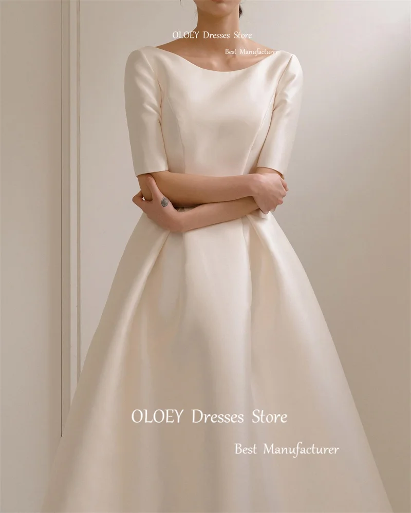 OLOEY Simple A Line Satin Korea Wedding Dresses Half Sleeves Scoop Neck Pockets Floor Length Bridal Gowns Vintage Vestidos