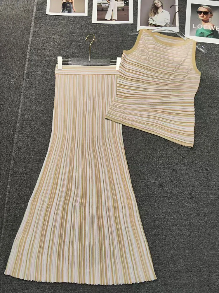 2026 Summer Women's Clothing Retro Striped Shiny Silk Knitted Vest Two-piece Set + Elastic Tight Hip-packing Skirt Fashion Suit