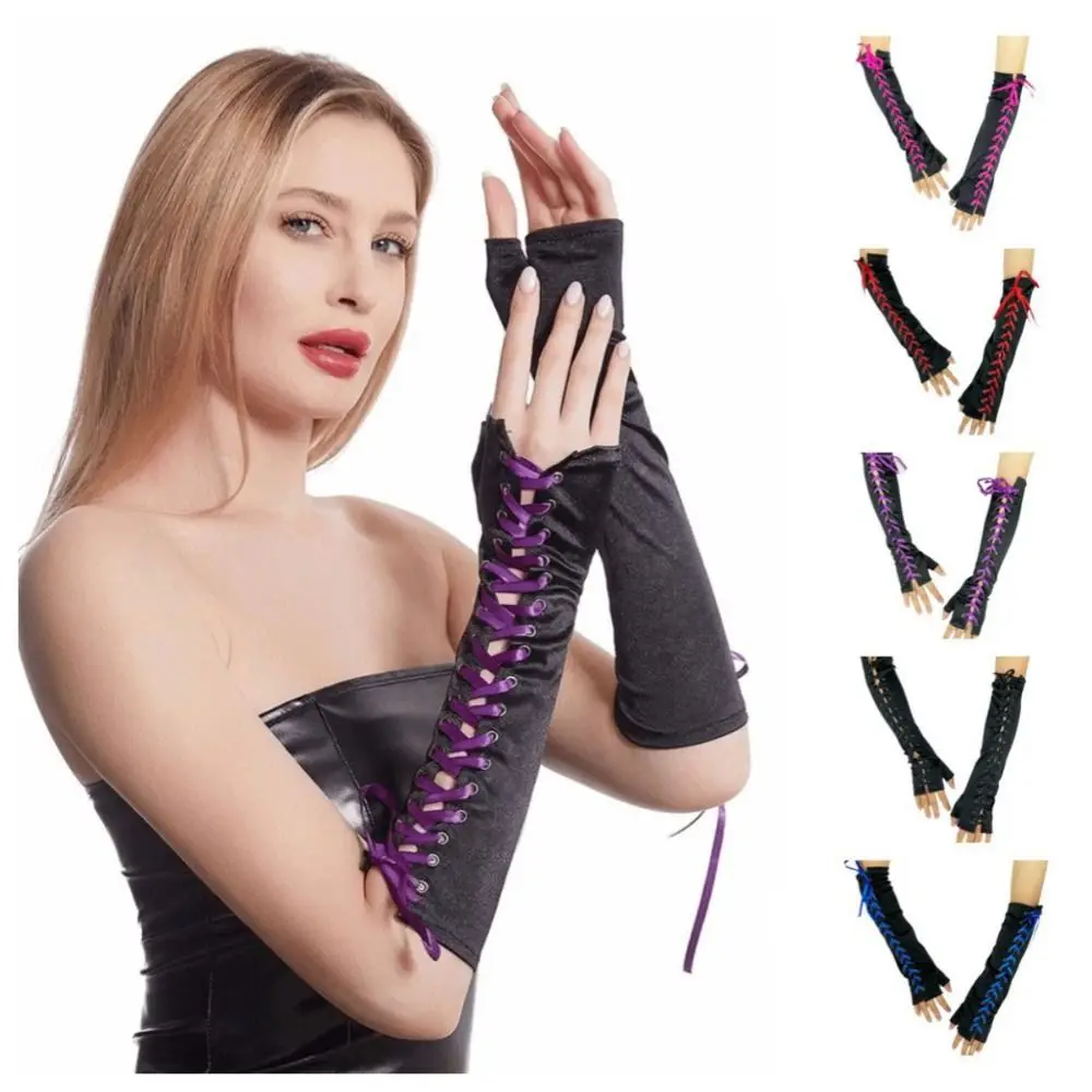 Cute Long Ribbon Gloves Lolita JK Half Finger Gloves Elbow Long Cloth Women Gloves Photography