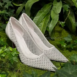White Mesh Crystal Diamond Hollow Pump Women Black Pointed Stiletto Red Sandals Apricot Cover Heel Small Shiny Luxury Dress Shoe