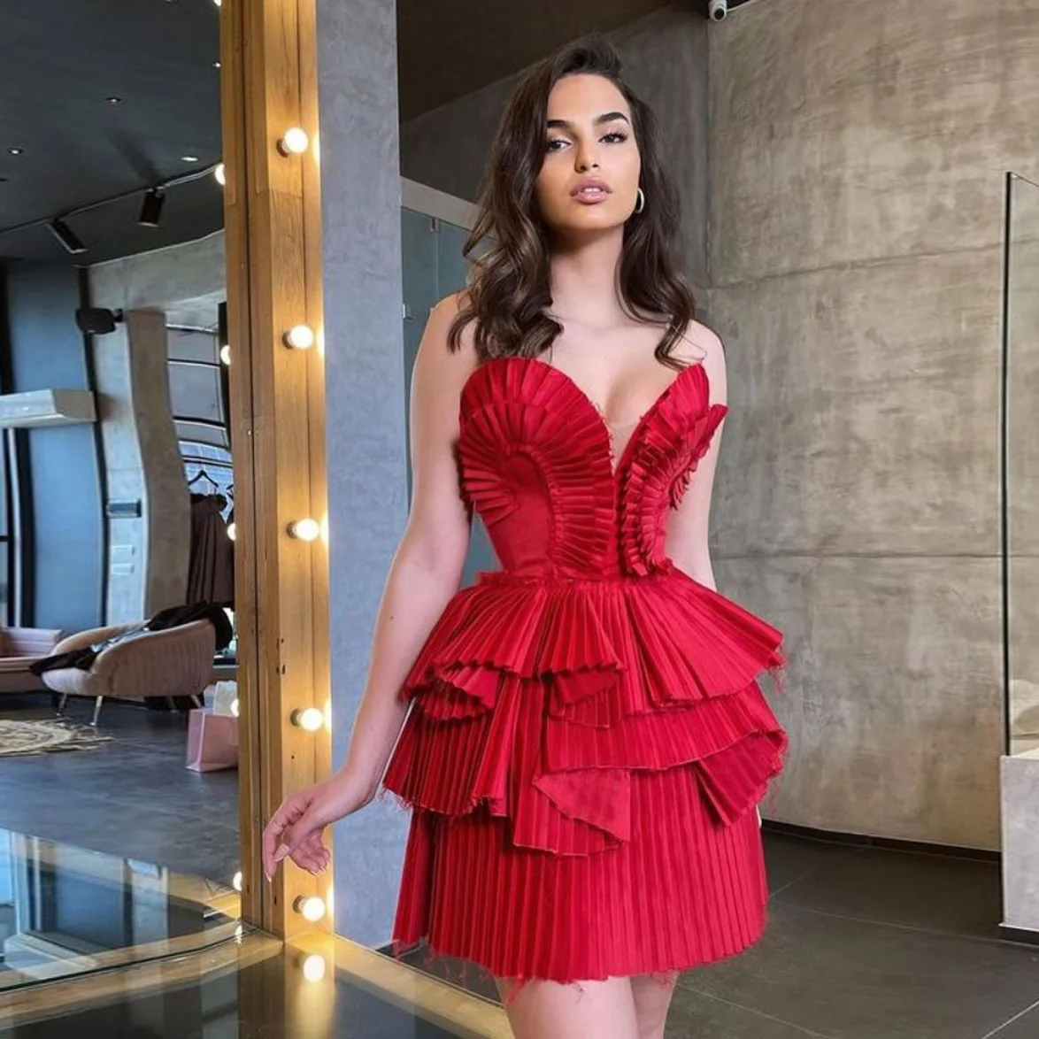 

Red Dress Sweetheart Satin Dress Ruffles Layered Mini Dress Women's Party Dress Elegant Dresses For Women Ever Pretty Gowns