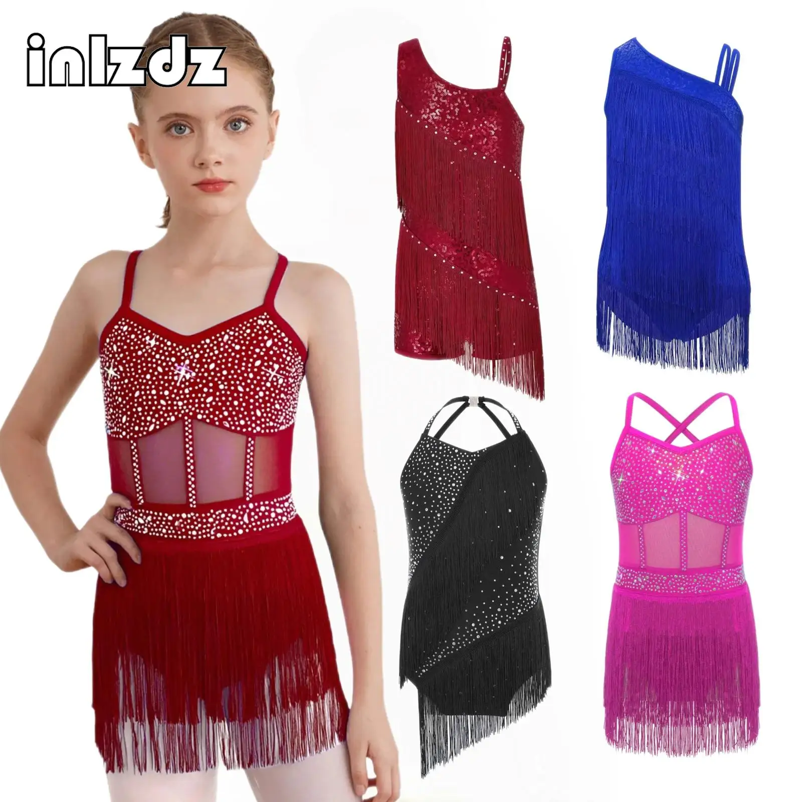

Sleeveless Latin Tango Dance Leotard Dress Kids Girls Gymnastics Samba Cha-cha Figure Skating Dancewear Rhinestone Tassel Dress
