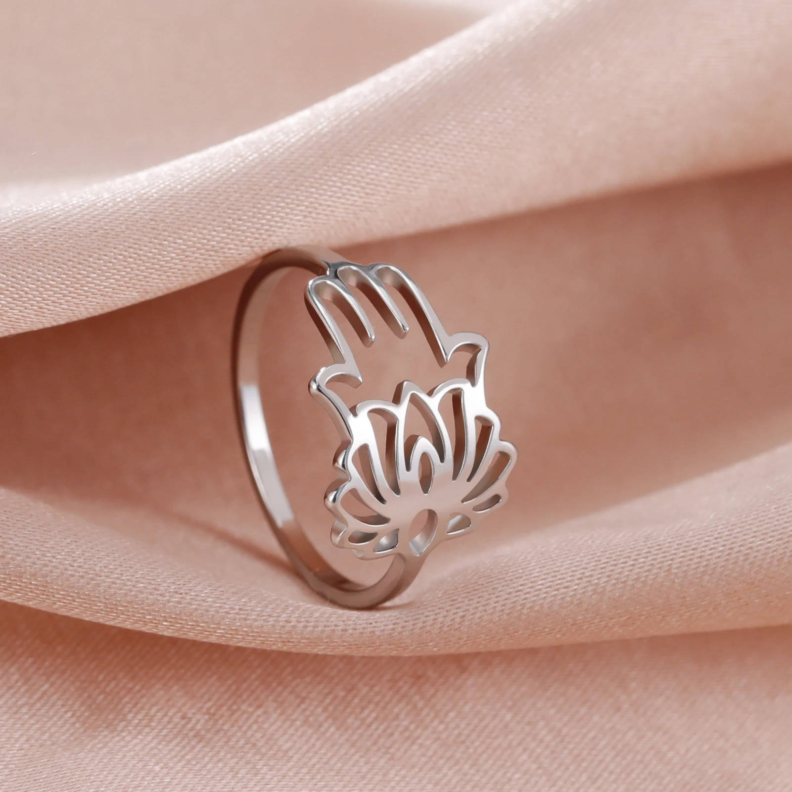 Kkjoy Damenringe, silberfarben, Hamsa, Hand der Fatima, Edelstahl, weibliche Persönlichkeit, hohler Schmuck, Accessoires, Mädchen-Geschenk – Detail 12